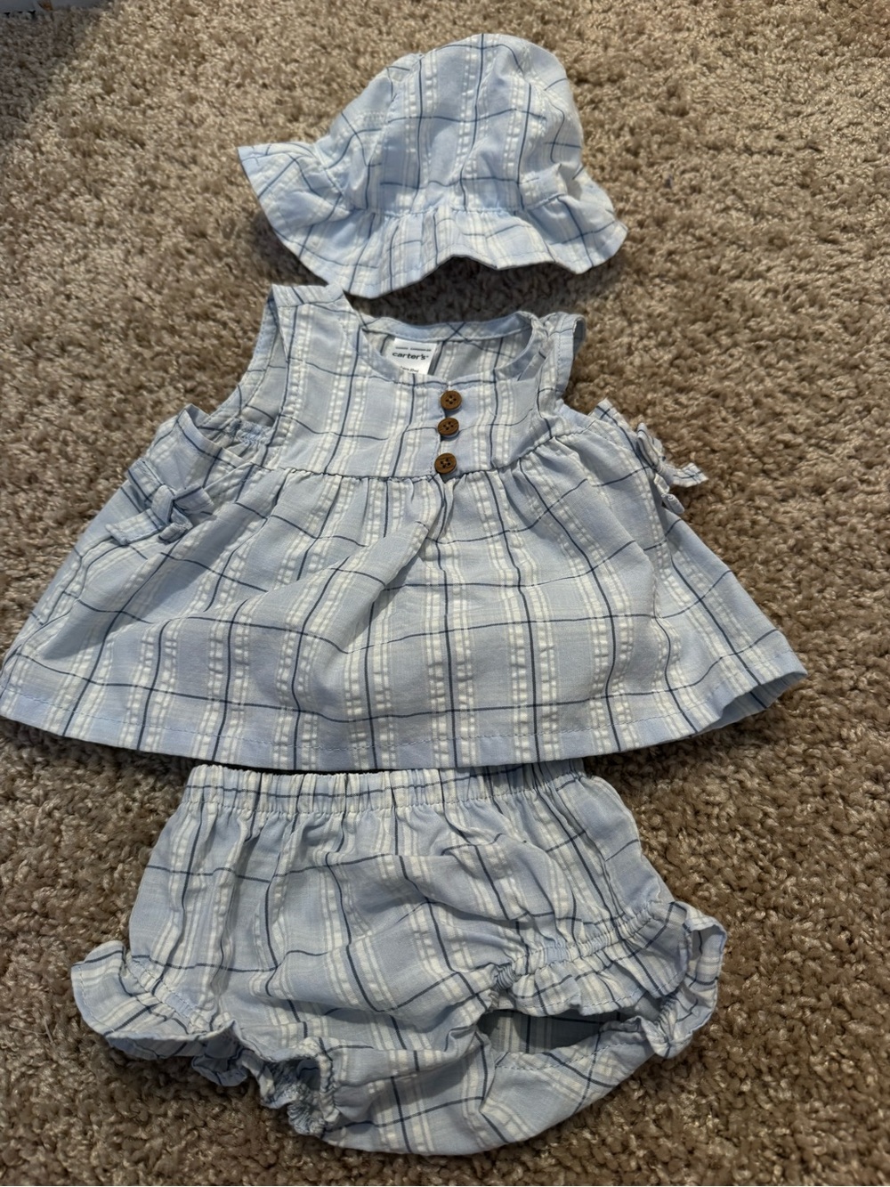 Carter's Blue Plaid Dress Set with Bloomers and Hat. NWOT Newborn